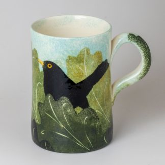 hand painte pottery mug, country pottery, blackbird design