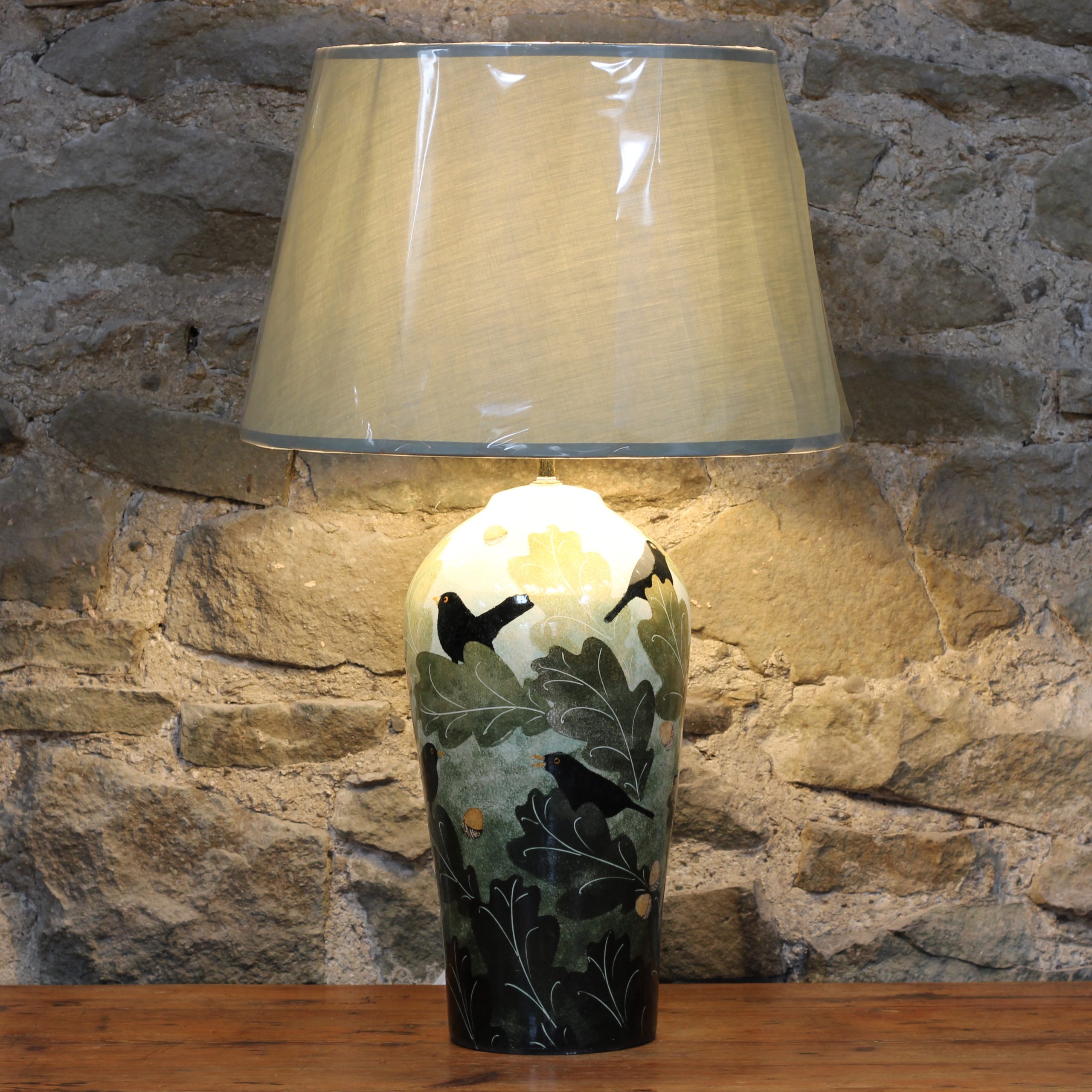 Large Blackn=bird Table Lamp with Lichen lampshade